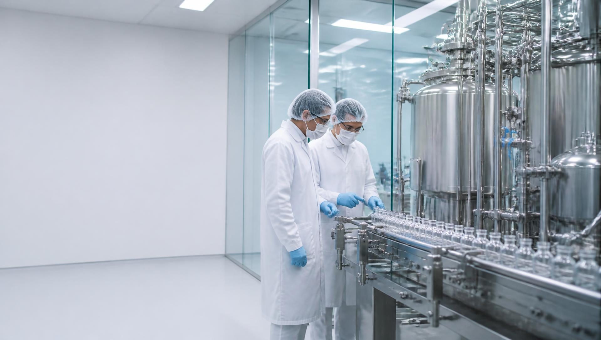 Scientists inspecting a GMP vial filling line in a pharmaceutical cleanroom