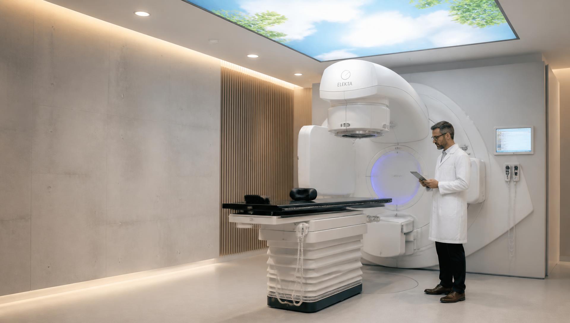 Modern radiotherapy bunker with medical linear accelerator (LINAC) and shielded concrete walls