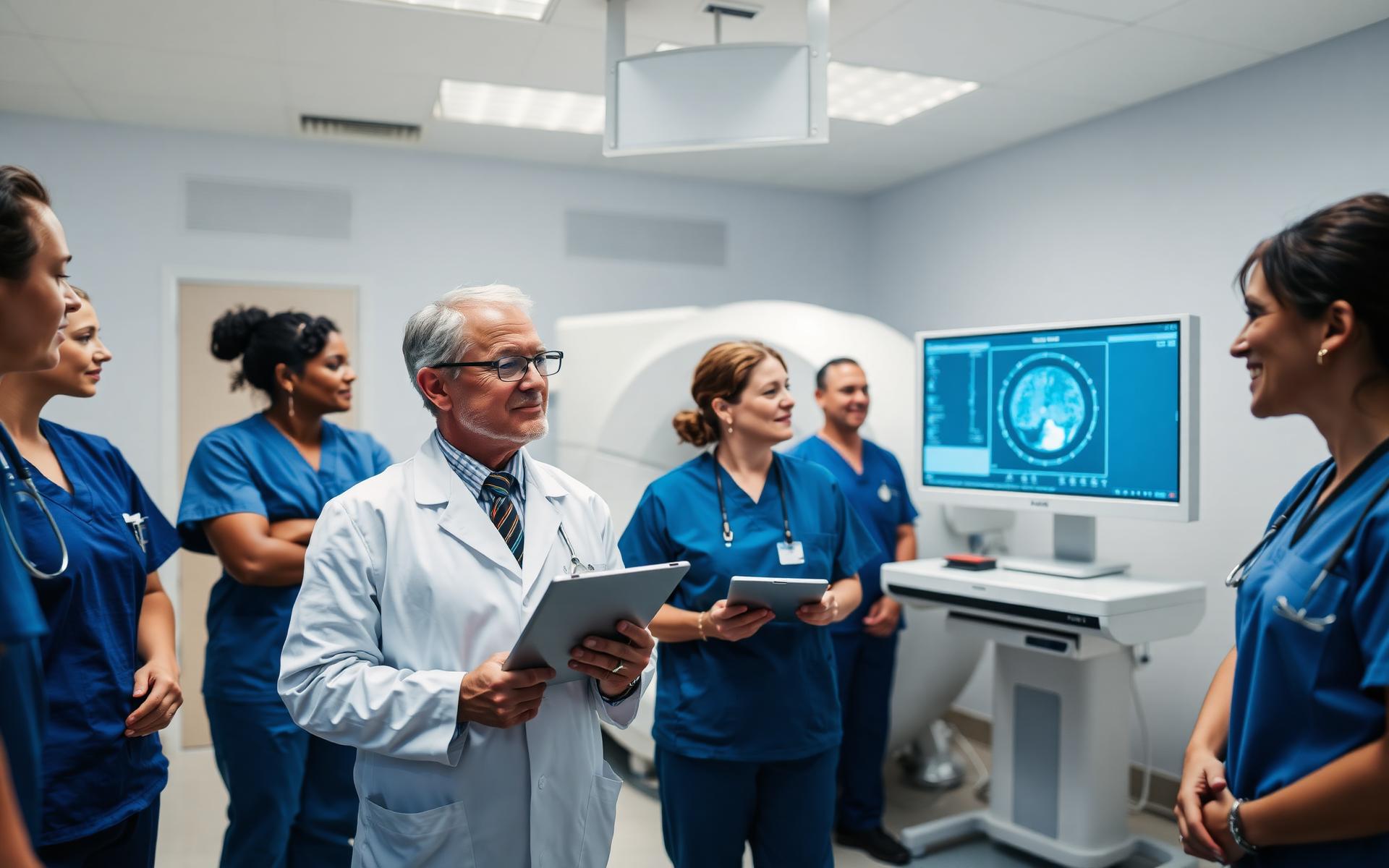 Diverse medical oncology team with a medical physicist reviewing treatment plans in a modern radiotherapy suite