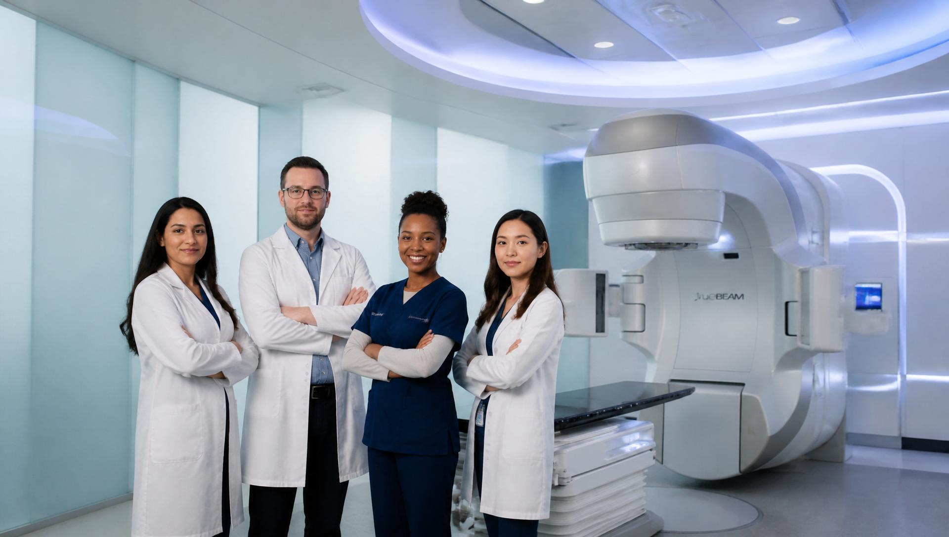 Healthcare team in a modern radiotherapy suite with linear accelerator and shielded walls
