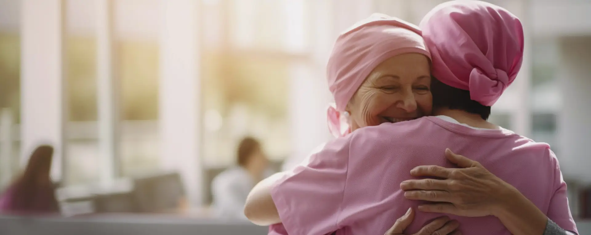 Two women in pink headscarves embracing in support